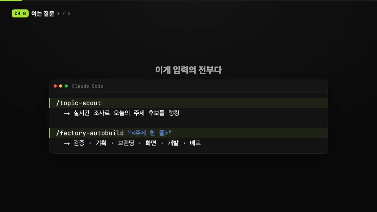 앱 공장을 시작하는 topic-scout와 factory-autobuild 명령